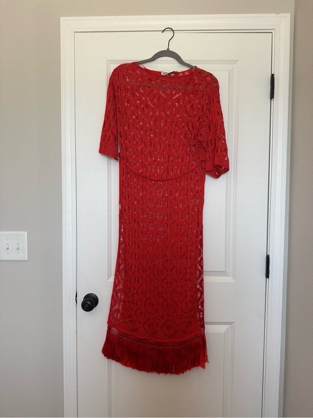 Zara Red Crochet Fringe Midi Dress